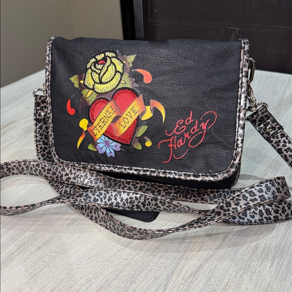 Ed Hardy Black Crossbody Bag with Heart and Rose Design-NWOT